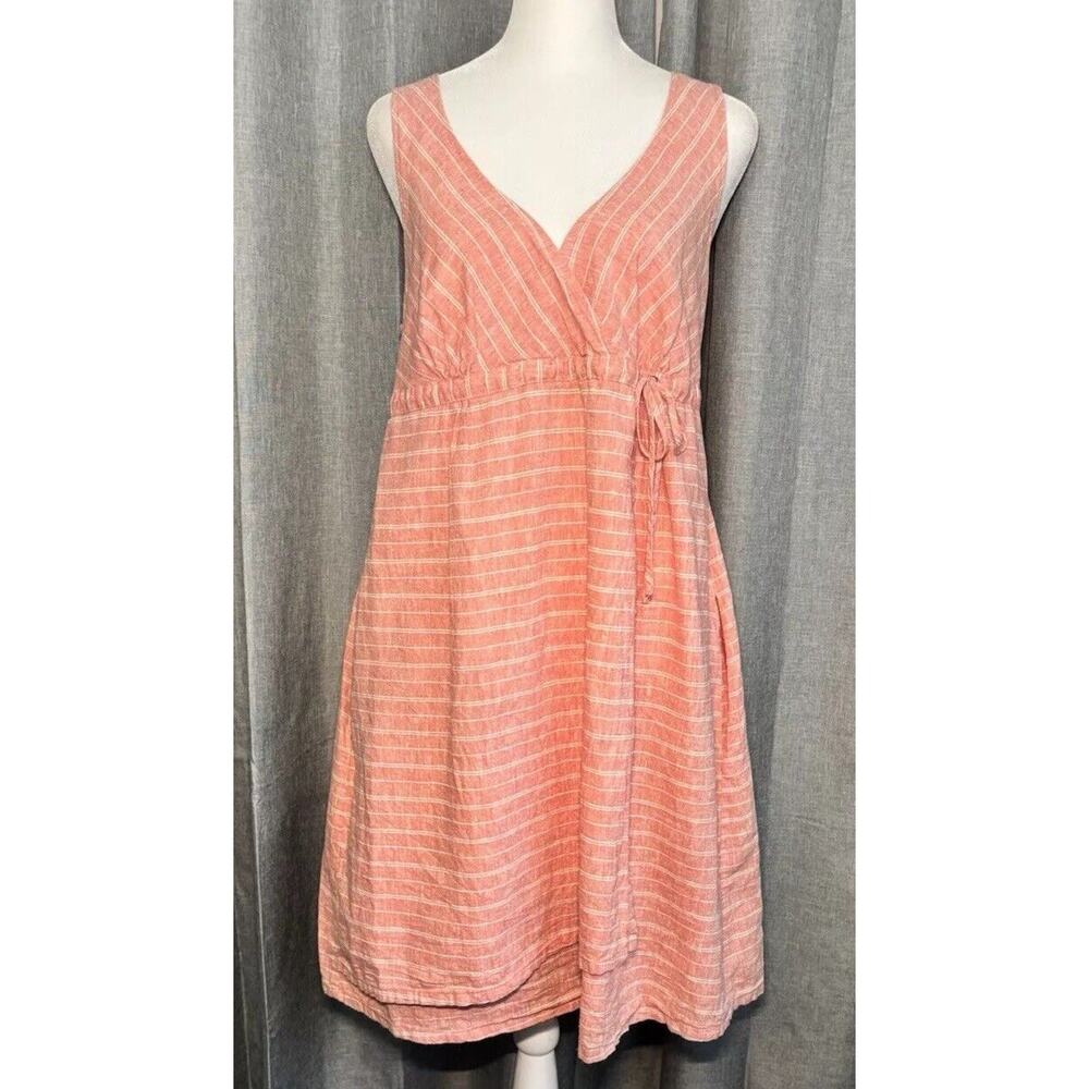 Patagonia Island Hemp Organic Cotton Dress Striped Faux Wrap Coral Pink Size 12